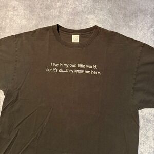Y2K Funny Graphic T Shirt Mens 2XL Faded Black I Live In My Own Little World